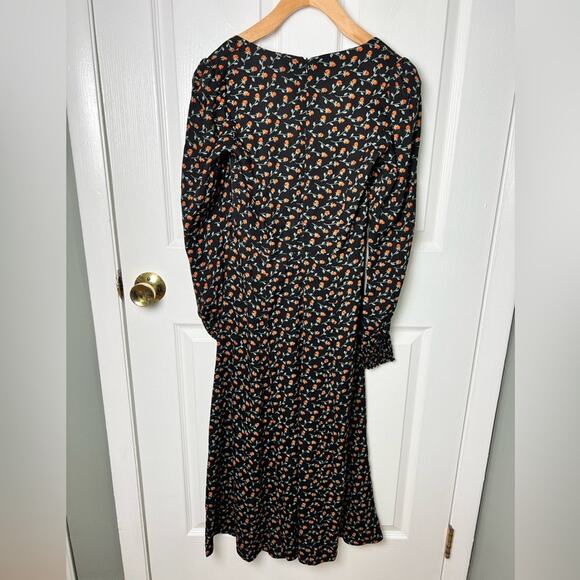 Reformation Black Floral Long Sleeve Sweetheart Neck Slit Hunt Midi Dress 0 - Picture 8 of 10